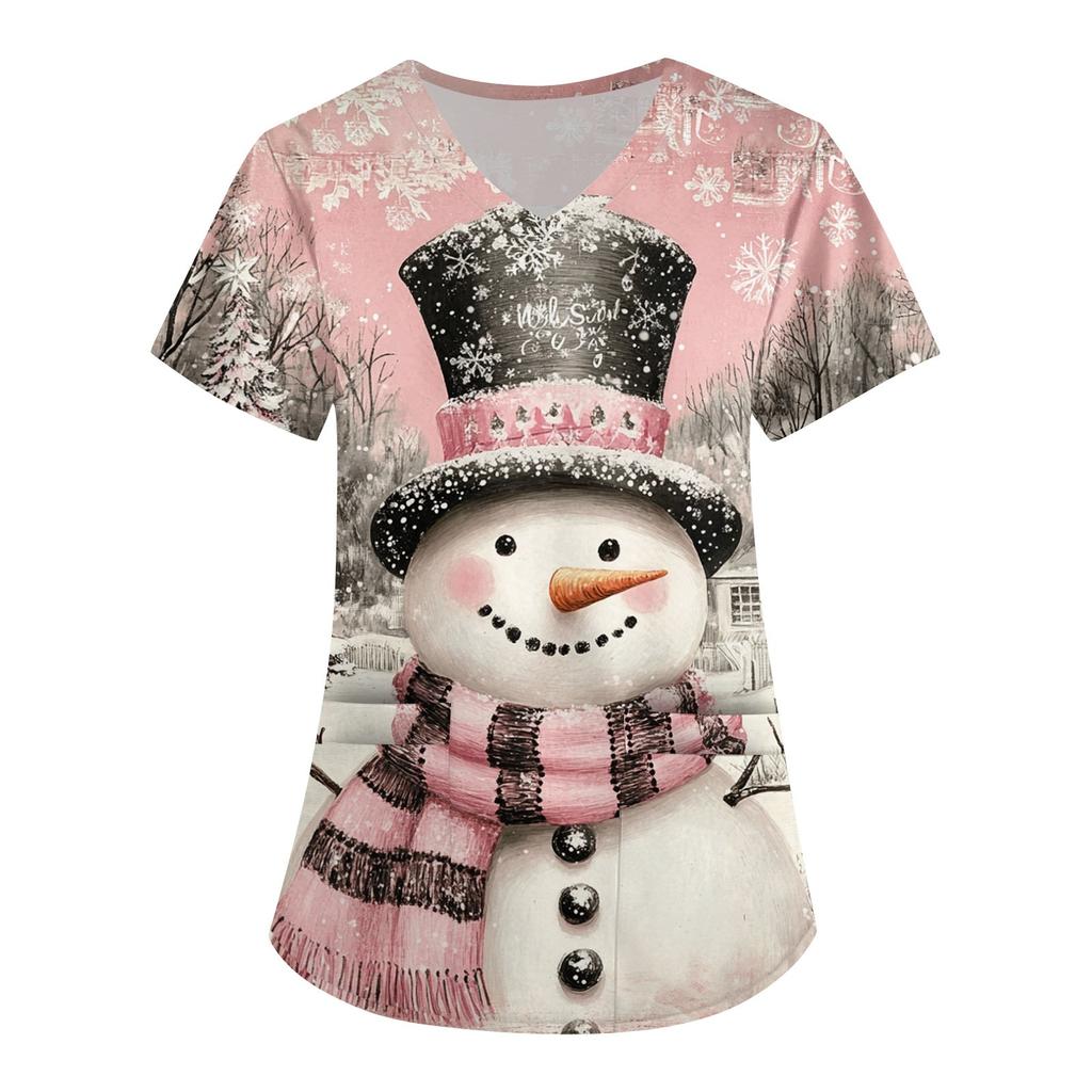 Женская симпатичная рабочая одежда с принтом, V-образным вырезом, двухслойными карманами, базовым коротким рукавом, пуловером на Рождество