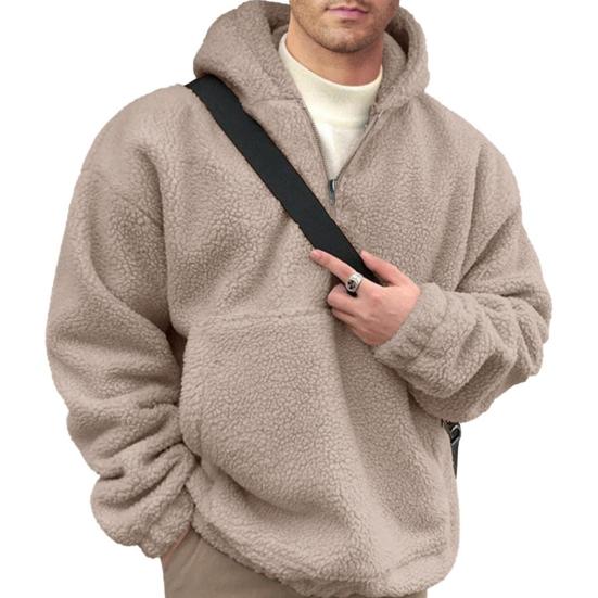 Зимняя мужская толстовка с капюшоном с большим передним карманом, двухсторонняя фланелевая полумолния, воротник, свободные длинные рукава, термобелье