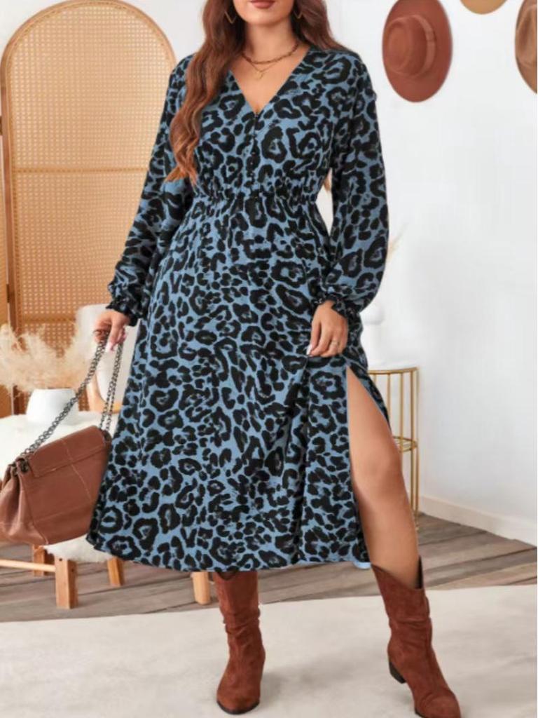 Элегантное платье большого размера с леопардовым принтом и V-образным вырезом для весны и осени