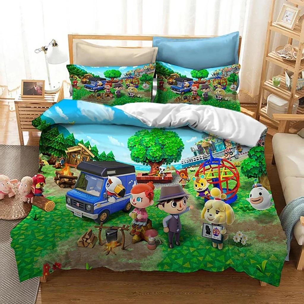 Комплект постельного белья Cartoon Animal Crossing для мальчиков и девочек, двуспальный размер, пододеяльник, наволочка, детская кровать, взрослая мода, домашний текстиль
