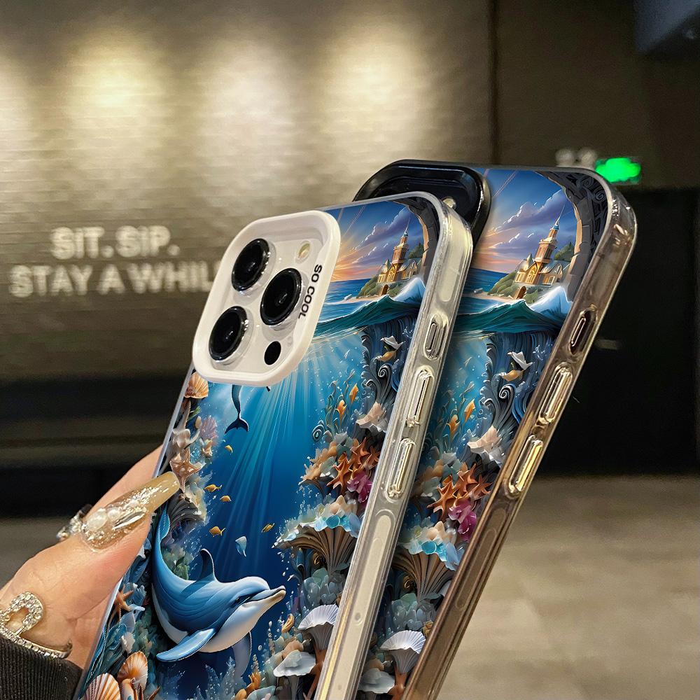 Чехол для телефона с принтом «Мир Океана» для iPhone 16 15 14 13 12 11 Pro Max 16E Лазерное покрытие Устойчивый к царапинам Жесткий чехол для телефона