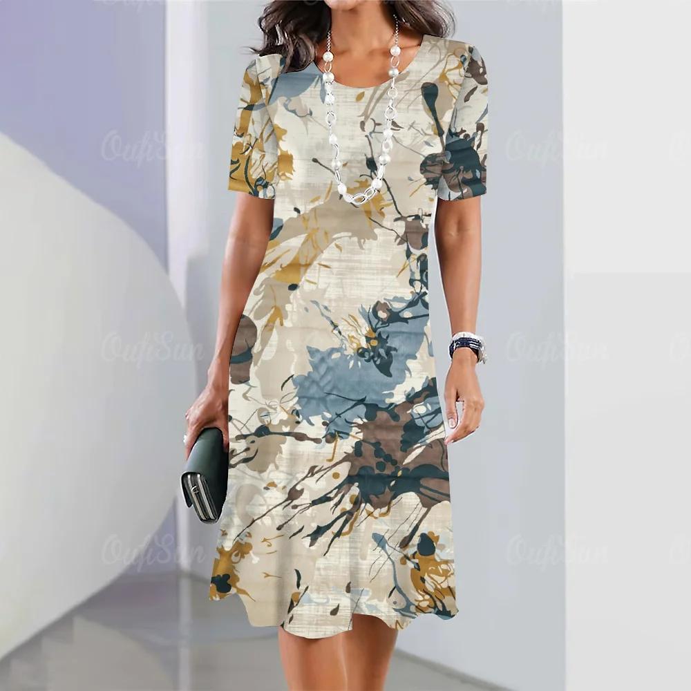 Summer Woman Clothing Short Sleeves Dresses Irregularly Printing Long Dress 3d Retro Women's Clothing Loose Round Neck Pullover