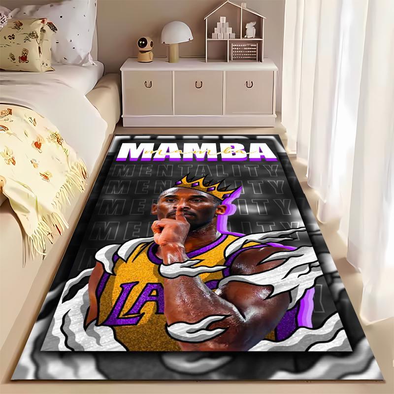 Sports Area Rug, Kobe Bryant Lakers Mamba Mentality Crown Shush Finger Cloud Purple Gold Print, Fan Decor, Non-Slip Mat