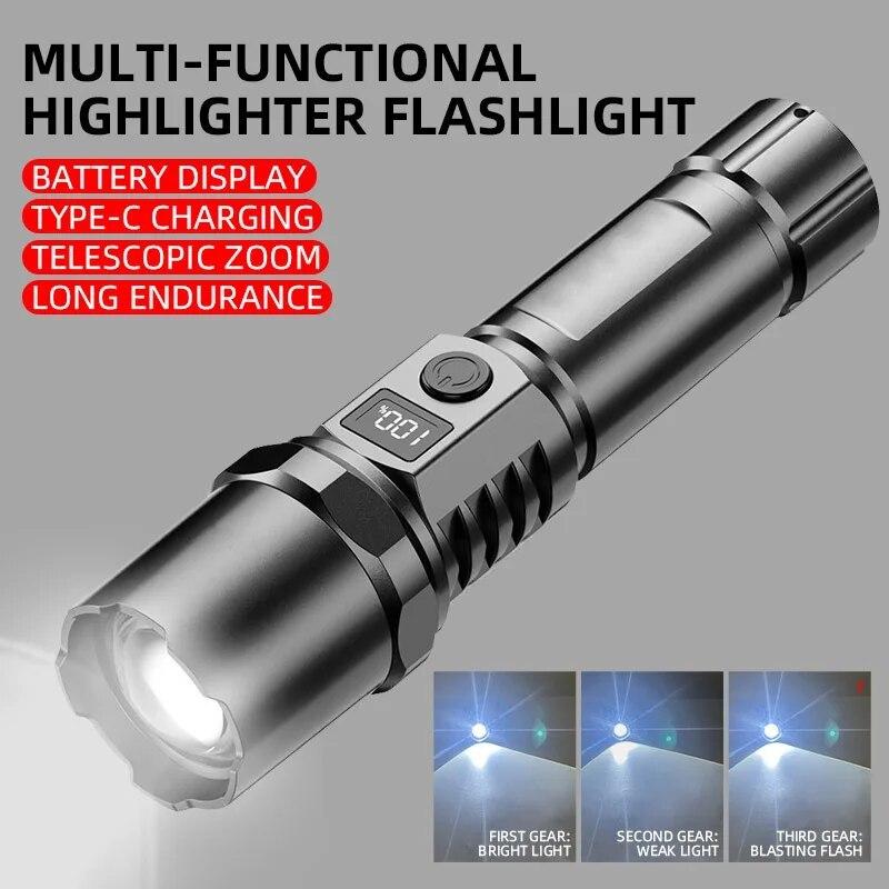 Portable High Power Led Flashlight Rechargeable Retractable Flashlight Digital Zoom Usb Hand Light For Camping Outdoor Emerge