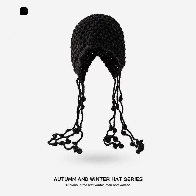 Теплая шерстяная шапка на осень и зиму, вязаная крючком ажурная шапка-мешок, женская этническая шапка с бахромой и защитой для ушей, вязаная шапка