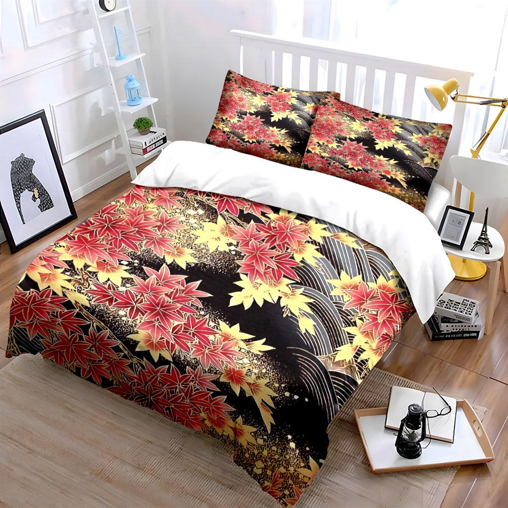 Japanese Maple Pattern Decor Set Bedding Set with 1 Duvet Cover 2 Pillowcases Single Double King Queen, Gift