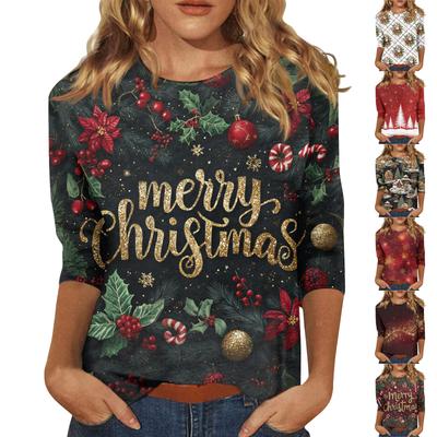 Женские топы Рубашка с рукавом три четверти V-образный вырез Свободная повседневная рубашка Футболка с принтом