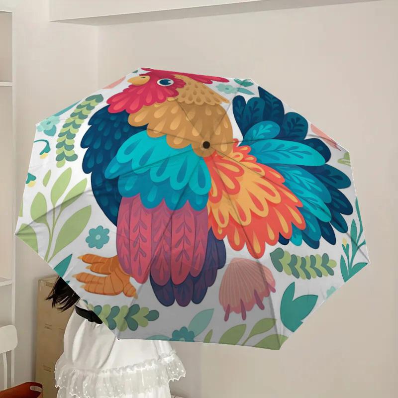 1pc Colorful Rooster Illustration Umbrella with Plastic Handle,Suitable for All Seasons Home Travel Outdoor UmbrellaDD1696