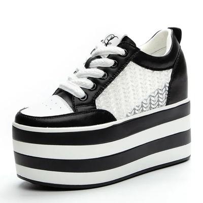 12см Новая Воздушная Сетка Кожа Натуральная Платформа Клинья Балетки Летние Весенние Ботильоны Женские Высокий Бренд Белый Мода Туфли на Высоком Каблуке