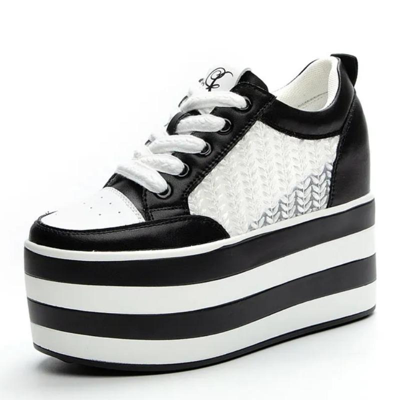 12cm New Air Mesh Leather Genuine Platform Wedge Flats Summer Spring Boot Ankle Women High Brand White High Heels Shoes