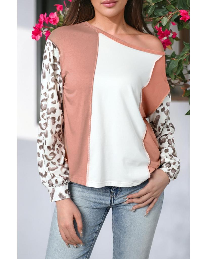 Azura Exchange Apricot Colorblock Leopard Sleeve Patchwork Top