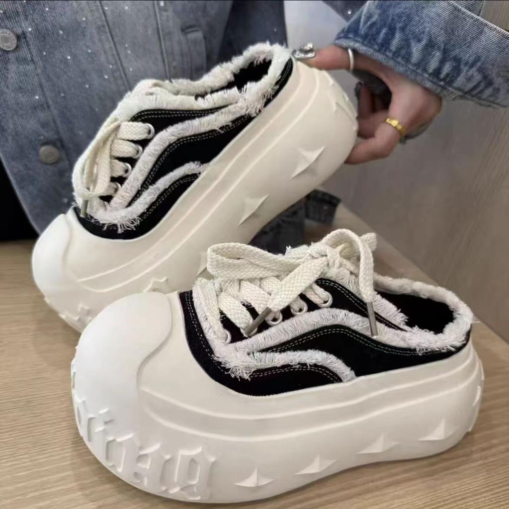 Повседневная парусиновая спортивная обувь Женские шлепанцы на толстой подошве и высоком каблуке для улицы Резиновая подошва Корейский стиль Плоские сандалии