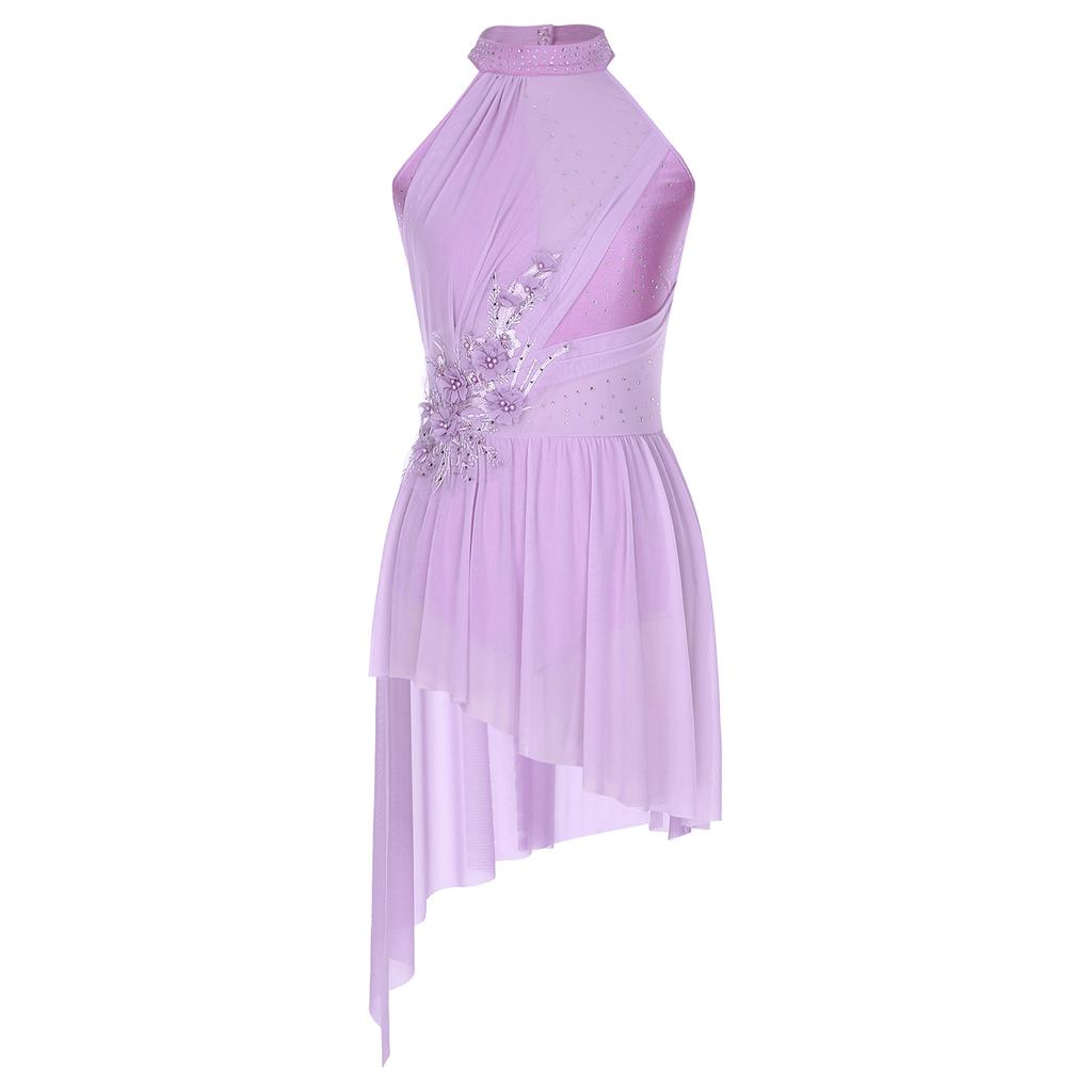 Women Applique Lyrical Contemporary Dancewear High-Low Mesh Splice Skirted Fancy Skating Costume Ballet Dresses Dancing Party
