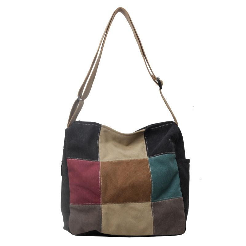 Canvas splicing women's bag new fashion simple retro women's shoulder bag casual large capacity travel messenger bag
