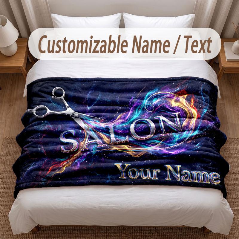 Barber Salon Theme Soft Blanket Personalized Custom Name Text Print Warm Blanket Home Sofa Bedroom Decor