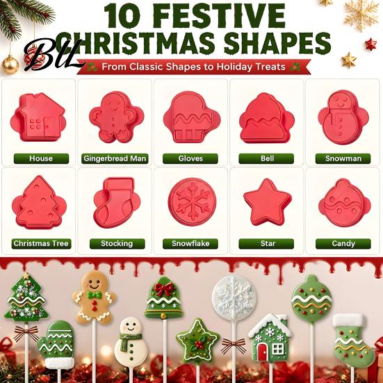 Handmade Holiday Souvenirs 10 Pairs Christmas Cookie Cutter Set, Biscuit Stamp Mold with Pop Sticks, Gingerbread Party Favors Man Tree House