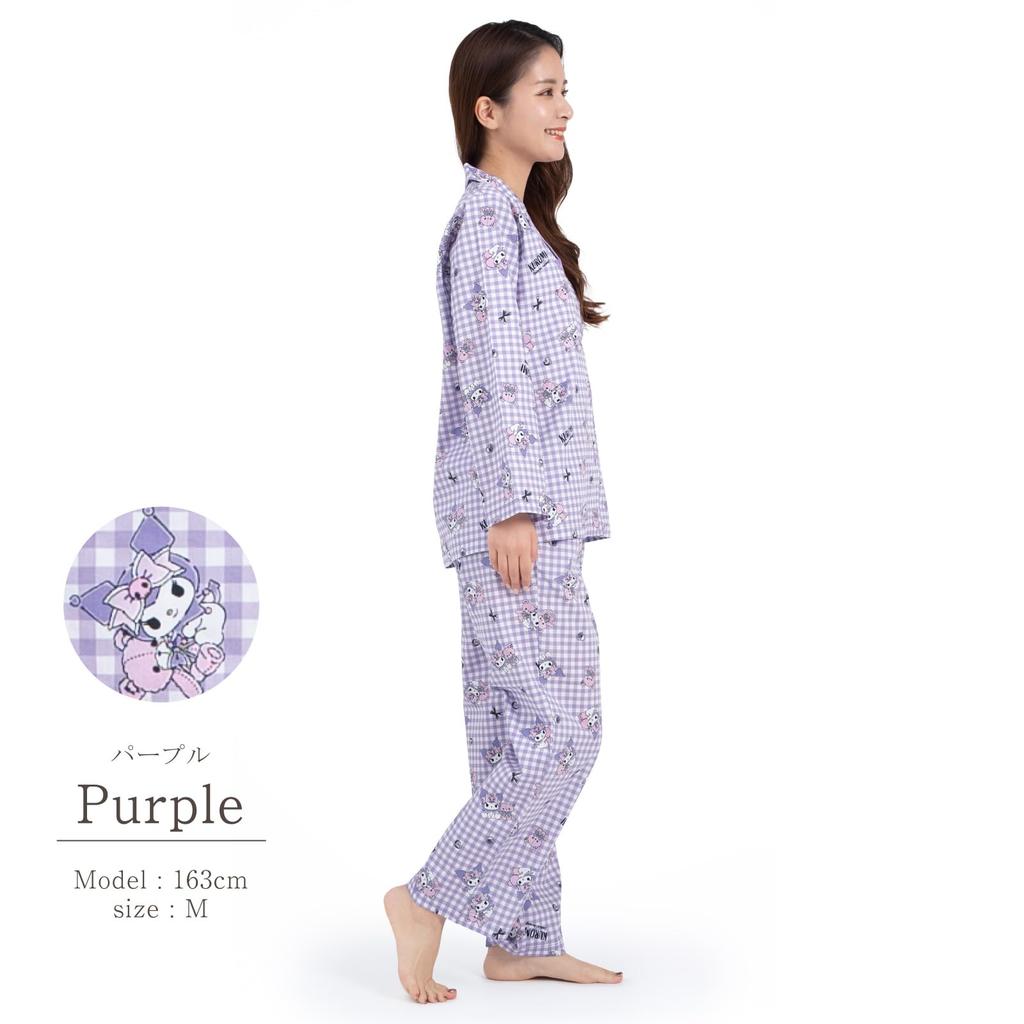 SAZAC Kuromi Gingham Pajama Cotton Long Sleeve and Loungewear Set, 100% Broadcloth, Women's Pants, (Purple/M/SAN1782)
