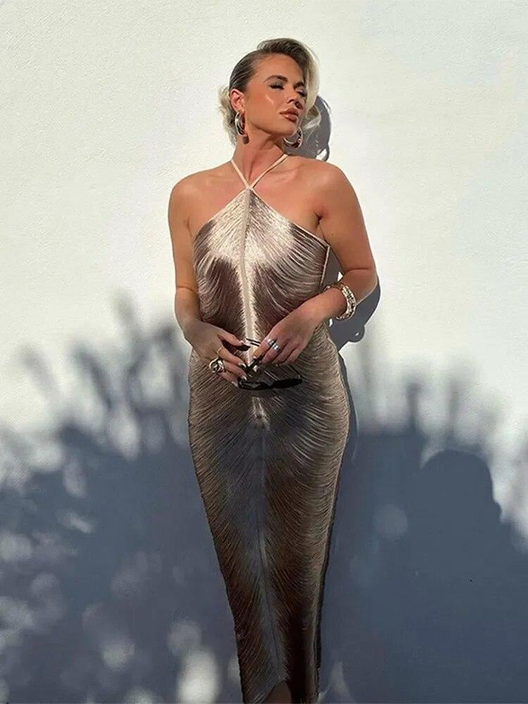 Женское элегантное блестящее металлическое платье-миди с лямкой на бретельках, женское облегающее платье без рукавов с открытой спиной, длинные платья, женские вечерние клубные вечерние халаты