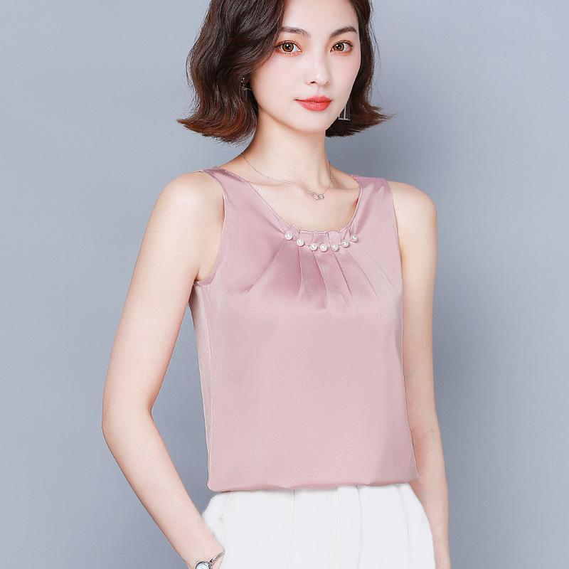 Шелковые женские топы, атласные блузки для женщин, шелковая блузка с бисером, женские рубашки без рукавов, топы, сексуальные женские атласные рубашки