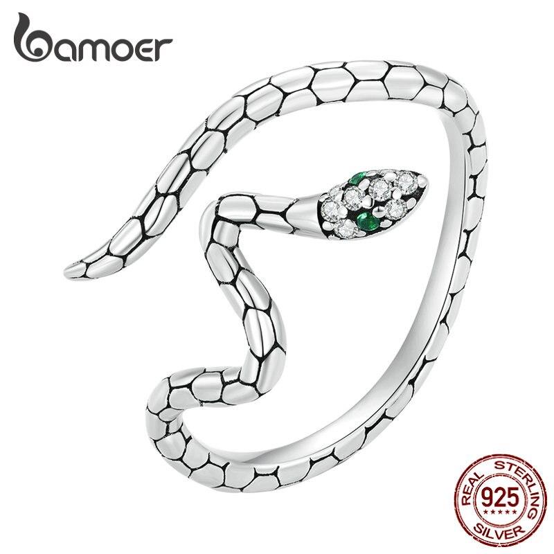 BAMOER 925 Sterling Silver Green Zircon Snake Opening Ring Irregular Adjustable Ring for Women Original Design Jewelry