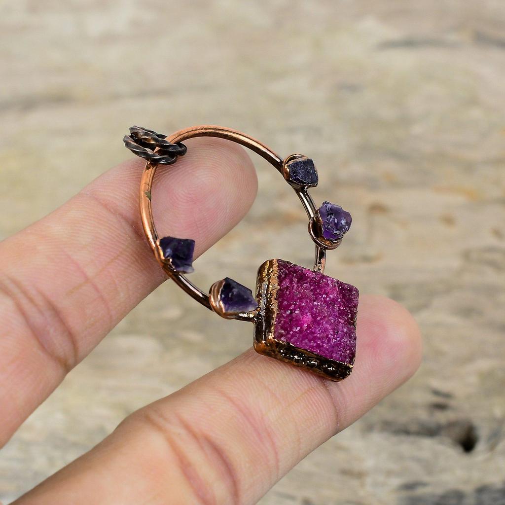Подвеска Pink Druzy, гальванопластическая медная подвеска, африканский аметист, грубая подвеска, гальванопластическая бижутерия, подвеска из драгоценного камня ручной работы, подарок для него