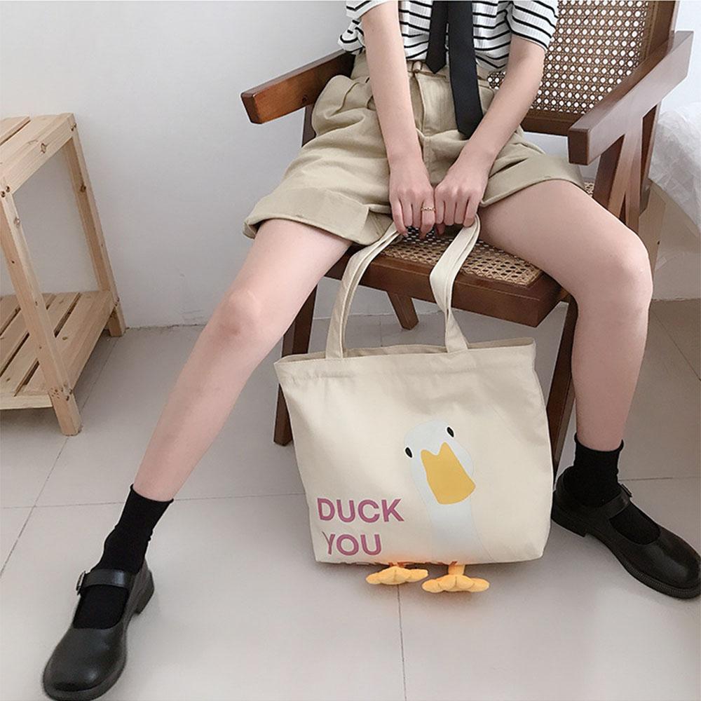 Eco Cute Duck Tote Bag Canvas Duck Embroidery Crossbody Bag Fashion Large-Capacity Shopping Bag