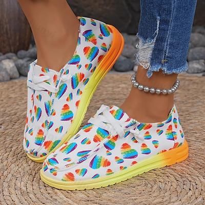 2025 Женские парусиновые туфли с граффити и радужным принтом, осенние новые повседневные женские туфли на плоской подошве, с круглым носком, многоцветные, на шнуровке