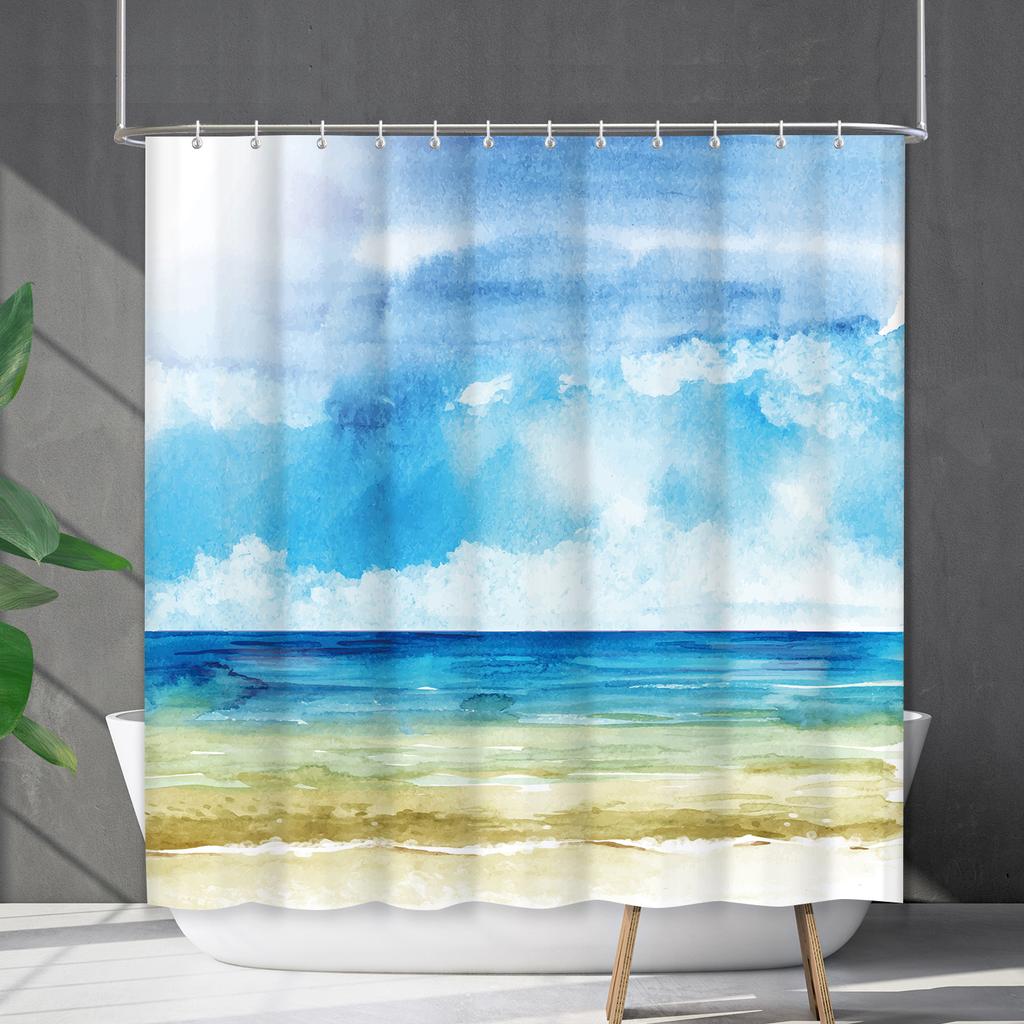 Shower Curtain Waterproof And Mildew-Proof Coconut Tree Beach Beach Bathroom Shower Curtain Shower Curtain Partition Curtain Free Punching