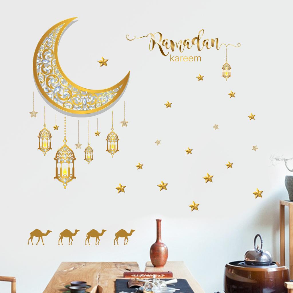 Ramadan Wall Stickers Moon Star Lantern Ornaments Wall Decals Ramadan Decoration For Home 2023 Islamic Muslim Mural Eid Mubarak