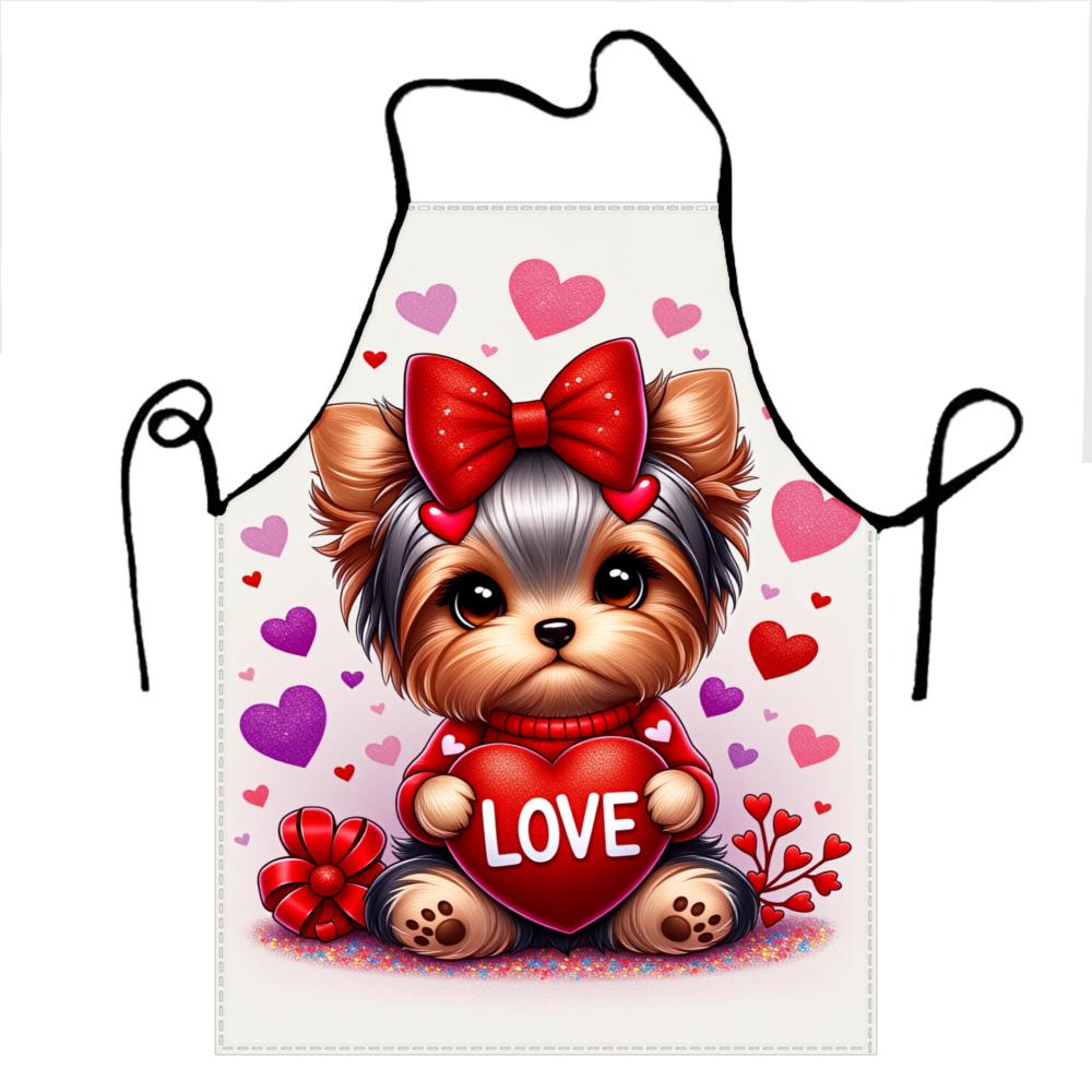 Cute Yorkie Dog With Red Bow Holding Love Heart Apron For Valentine's Day Kitchen Cooking Gift