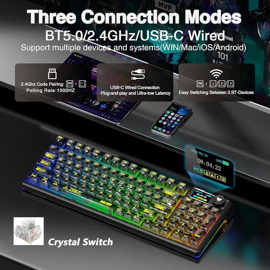 AULA F98PRO Transparent Wireless Mechanical Keyboard Bluetooth 2.4G Hot Swappable RGB Backlit Custom E-sports Gaming Keyboard