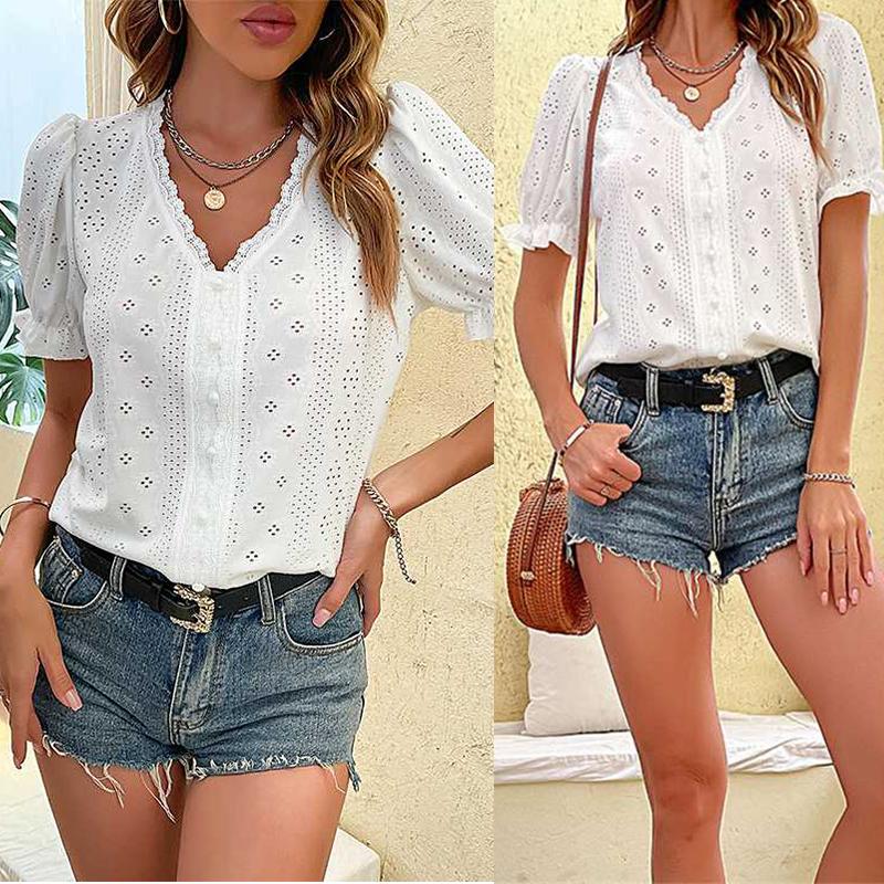 Летние блузки принцессы с пышными рукавами, офисные рубашки с v-образным вырезом и открытыми рукавами, тонкий топ, женская блузка MiuKoMiYa, женская короткая блузка