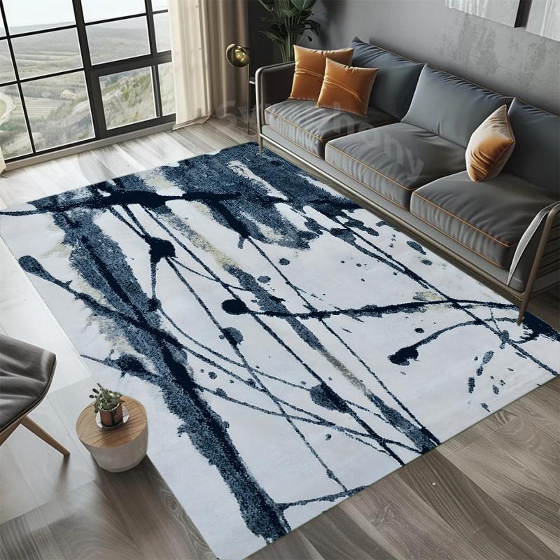 Artistic Blue White Ink Brush Abstract Pattern Area Rug Modern Art Style Non-Slip Floor Mat for Living Rooms Bedrooms