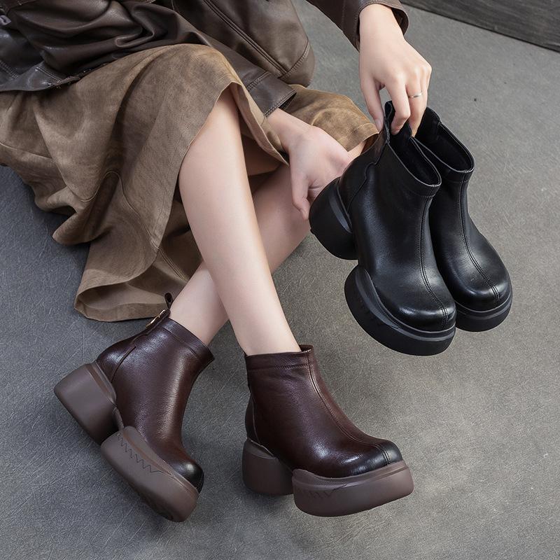 Fashion GKTINOO Genuine Leather Ankle Boots Women Shoes 2025 New Autumn Winter Round Toe Square Heel Zip Handmade Leisure Women Boots