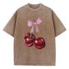Womans Cotton Washed T-Shirts Fashion Distressed Loose Tee Shirts Carefully Packaged Cherries Prints Tops Casual Female Clothes