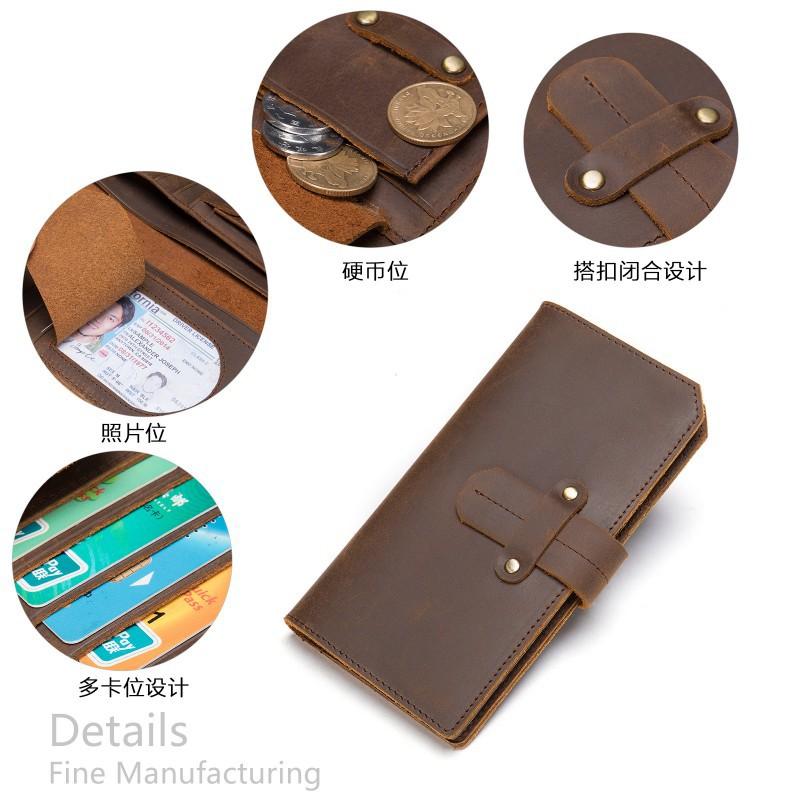Retro Crazy Horse Leather Wallet Genuine Men's Long RFID Card Bag Large Capacity Slot Head Layer Money Clip Men