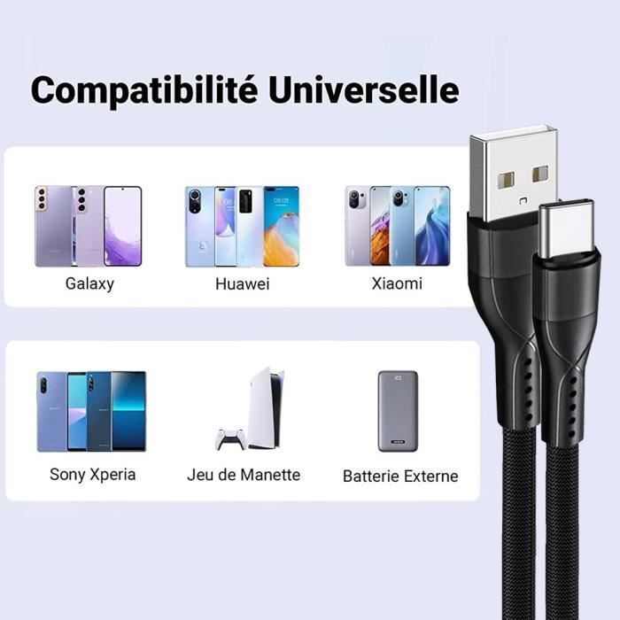 Câble USB-C Charge Rapide 3A pour Samsung Galaxy A16 A15 A05s A25 A35 A55 A56 - Nylon Tressé 1M Noir Lot de 3