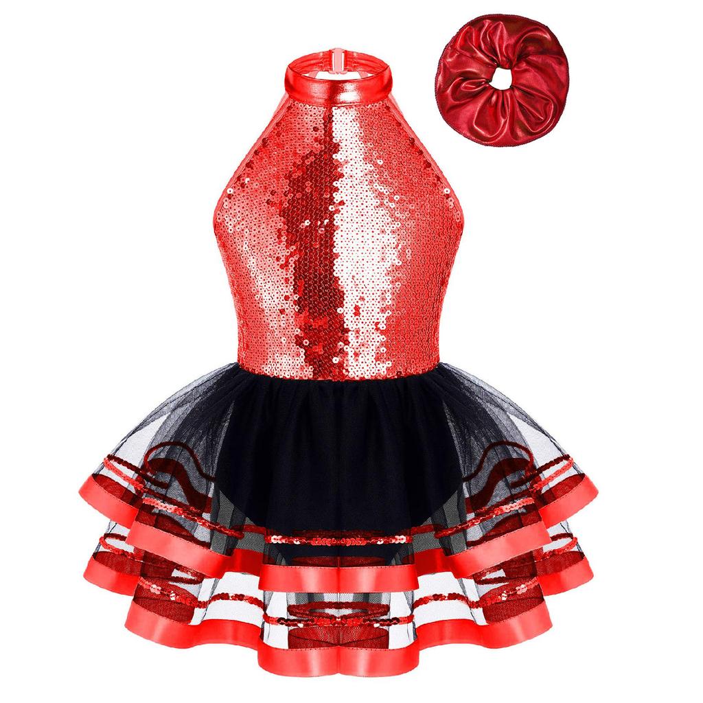 Girls Dance Performance Dress Halter Sleeveless Backless Design Sparkling Sequins Decorated Tutu Costume