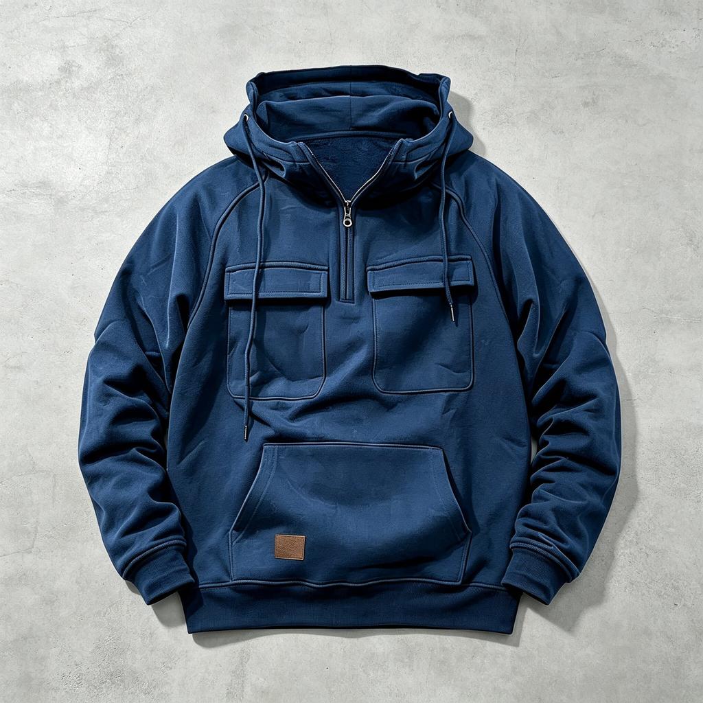 Men's Retro Workwear Hoodie Half Zip Oversize Multi-Pocket Solid Color Pullover Casual Streetwear