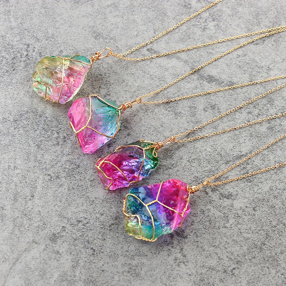 Gold Plated Chakra Quartz Jewelry Natural Crystal Pendant Necklace Irregular Rainbow Stone