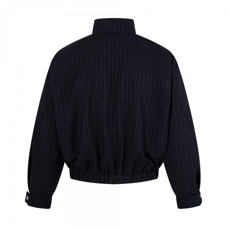 2026 Mens Slim Fit Stand Collar Zip-Up Jacket With Shield Embroidery Striped Short Box Cut Casual Blazer