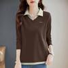 Женская контрастная блузка-поло с длинным рукавом, повседневная, свободного кроя, вязаная
