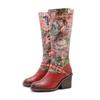 Genuine Leather Patchwork Printed Belt Buckle Thick Heel Comfortable High Heels Long Boots Women Shoes
