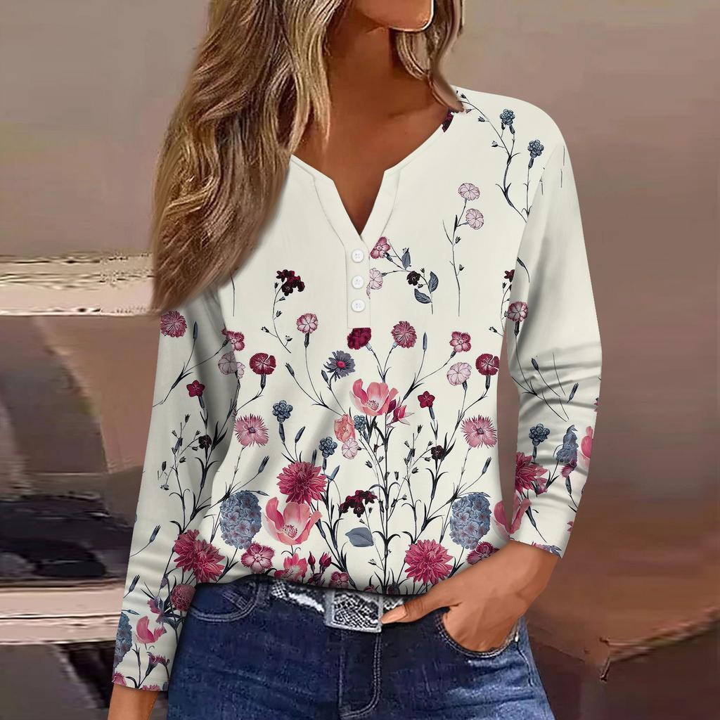 Women's T Shirt Tee Button Floral Print Long Sleeve Daily Weekend Fashion Basic V-Neck Regular Top