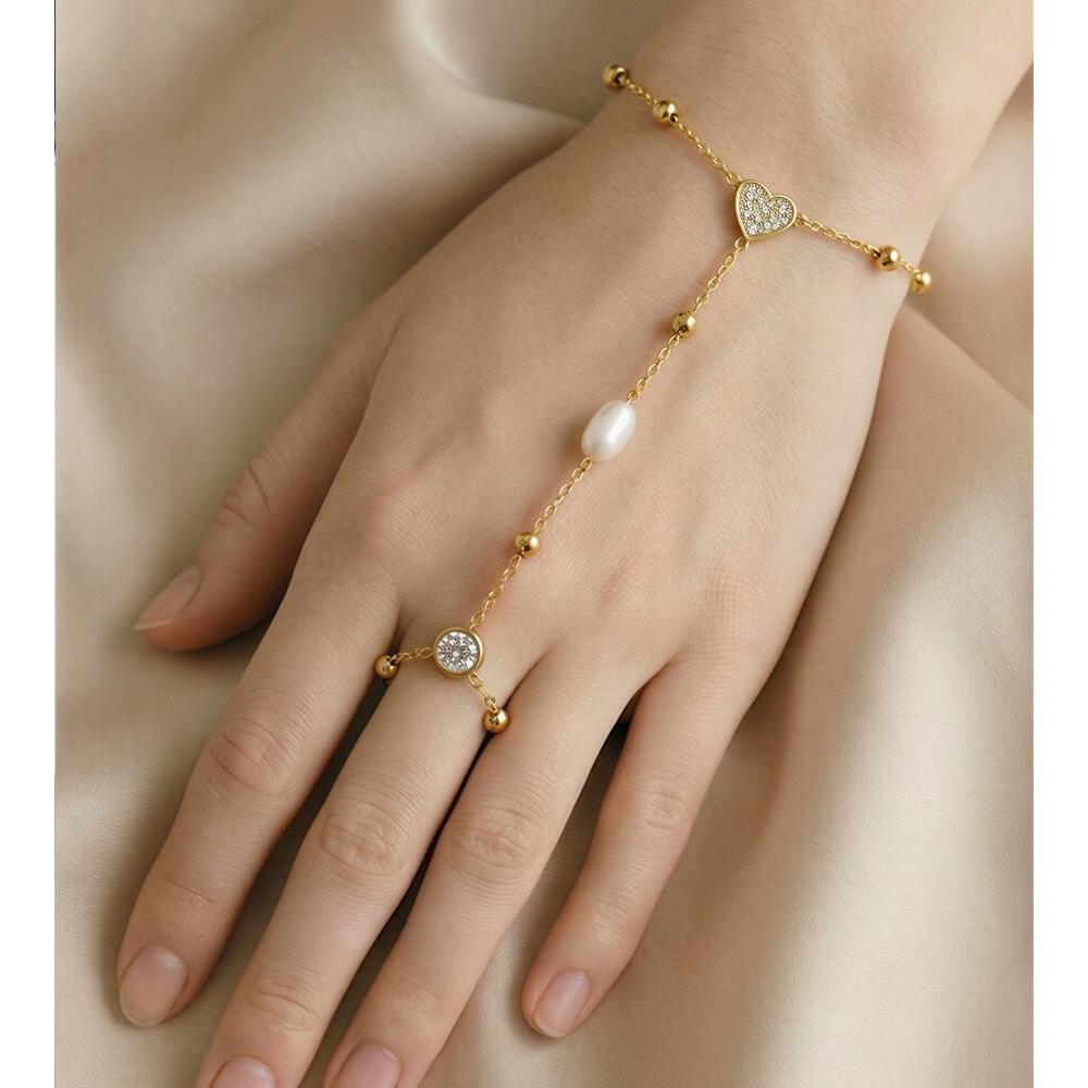 Yhpup Stainless Steel Natural Pearl Zirconia Back of Hand Chain Chic Finger Bracelet High Quality New Arrivals Premium Jewelry