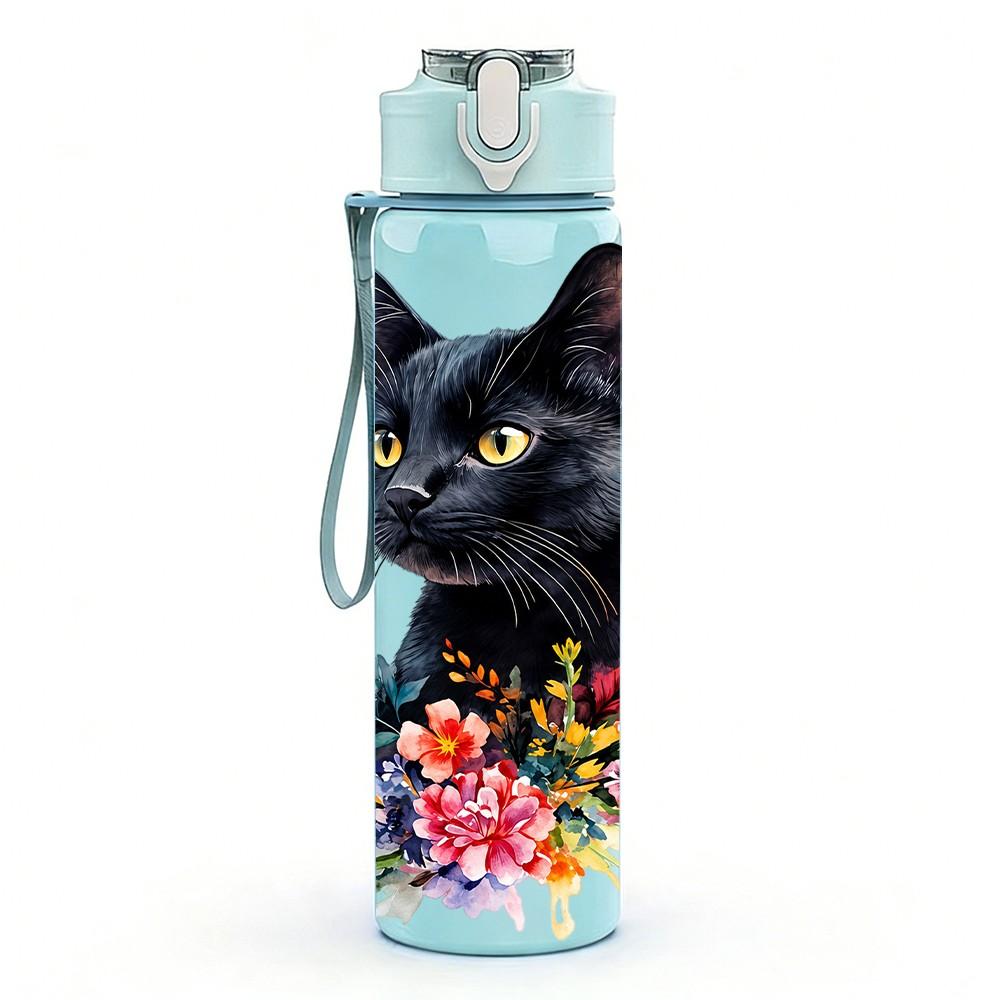 1PC Black Cat Ciao Text Pattern 750ml Color Plastic Sports Water Bottle Leakproof Flip Straw Lid Suitable for Sports Office Home Use