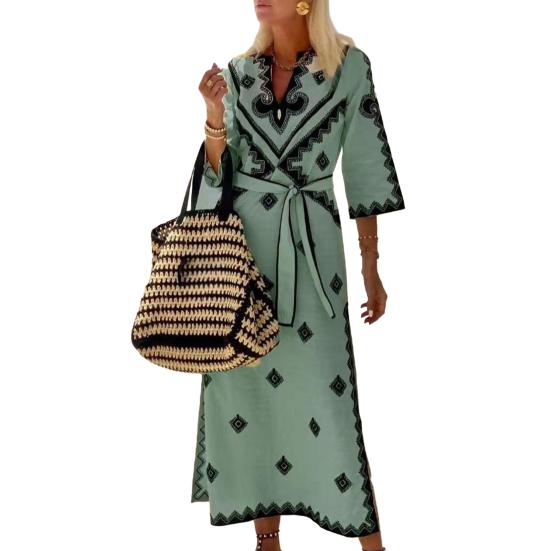Платье на шнуровке с узкой талией и геометрическим принтом, с V-образным вырезом, рукавом три четверти, в тон, с разрезом подол, в богемном стиле, платье миди для отпуска