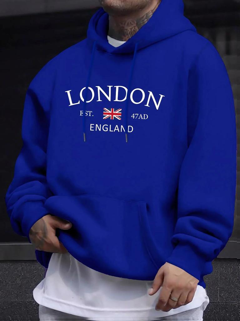 Толстовки с лондонским модным принтом для мужчин, повседневные, осенне-зимние, повседневная толстовка, карман-кенгуру, длинный рукав, осенне-зимние, простые