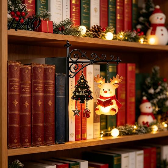 Reindeer Bookshelf Decoration Christmas Book Shelf Light, Iron Bookend Night Lamp with Santa Metal Stand Decor Snowman, Warm Glow Tabletop for