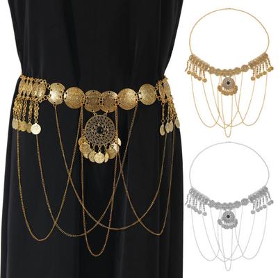 Сплав Поясная цепочка Ретро стиль Монета Кисточка Декор Цепочка для ремня Регулируемая длина Танец живота Богемия Цепочка для тела